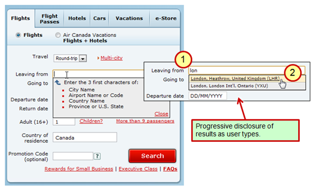 Air Canada: airport search box with progressive display of results.