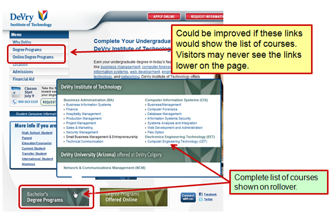 DeVry: display entire list of programs on home page rollover.