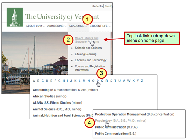 University of Vermont - 4 steps to find a program.