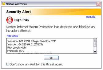 Norton Anti-Virus Worm alert dialogue box.