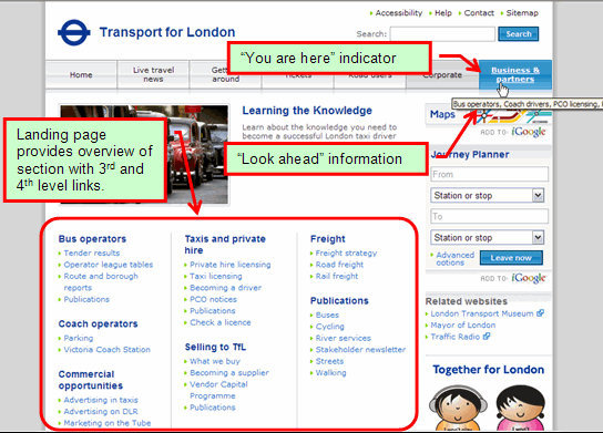 Image of Transport for London website, highlighting best-practices