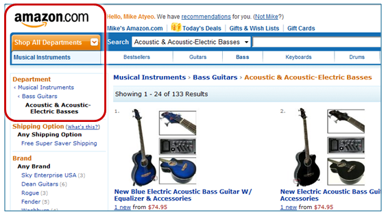 Example of local navigation menus on Amazon website